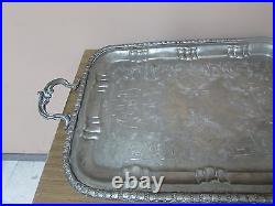 Vintage Moroccan Arabic Engraved Etched Silver-Plate Serving Tray open handle