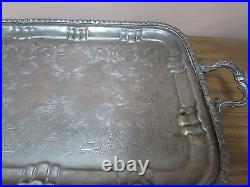 Vintage Moroccan Arabic Engraved Etched Silver-Plate Serving Tray open handle