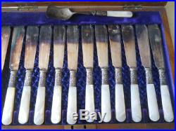 Vintage Mother of Pearl Fish Serving Knife & Fork Set Trimmed In Sterling