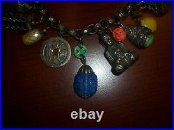 Vintage Napier Chinese Lantern Buddha Coin Charm Bracelet 1950s Silver Plated