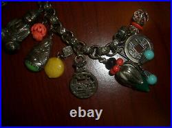 Vintage Napier Chinese Lantern Buddha Coin Charm Bracelet 1950s Silver Plated
