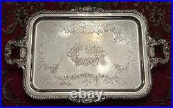 Vintage Ornate Silver Plate Serving Tray Shell Handles D withLions Forge EPC 114H