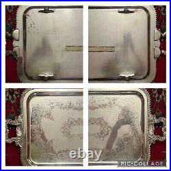 Vintage Ornate Silver Plate Serving Tray Shell Handles D withLions Forge EPC 114H