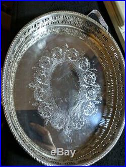 Vintage Oval silver tone Sheffield Made Gallery Serving Tray export marks