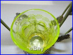 Vintage Pickle Castor Jar Silver Vaseline Uranium Glass Floral Birds Roses Grape