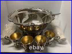 Vintage Poole Lancaster Rose Silver Plate Punch Bowl #426- 12 New Cups And Ladle