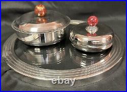 Vintage Puiforcat Tray & Two Canisters with Lids. Glass Center Tray Silver Plate