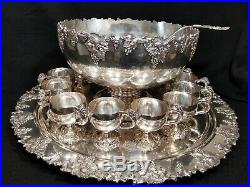 Vintage Punch Bowl Set Grape International Silver Co. 12 Cups + Plater