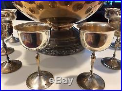 Vintage Punch Bowl Set With 8 Cups And Ladel. Silver Plate Kasne Of California