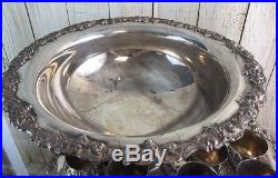 Vintage Punch Bowl Set with Grape Pattern Tray & 11 Matching Cups, Silver-plated