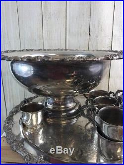 Vintage Punch Bowl Set with Grape Pattern Tray & 11 Matching Cups, Silver-plated