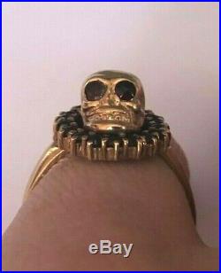 Vintage Rare Memento Mori Skulls 19th C. Silver Gold Plated & Garnets Ring #2