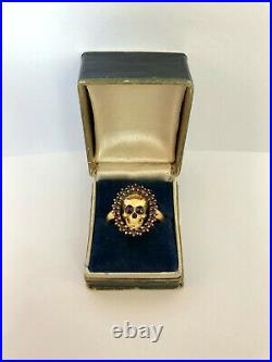 Vintage Rare Memento Mori Skulls 19th C. Silver Gold Plated & Garnets Ring & Box