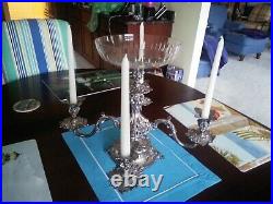 Vintage Reed & Barton Epergne Candelabra Silver Plated With Center Crystal bowl