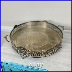 Vintage Round Silverplated Handled Serving Tray Silver Plate Circle Lace Pierced