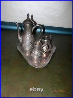 Vintage Sackett & Co. Hand Engraved Silver Plated 4 Piece Tea Set 1890s