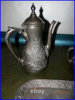 Vintage Sackett & Co. Hand Engraved Silver Plated 4 Piece Tea Set 1890s