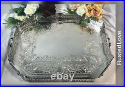 Vintage Serving Tray Silver Plated Pierced Hand Etched Gallery Tray Persian