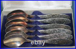 Vintage Set 6 Soviet Russian Silver Plated Dessert Spoons with box