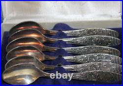 Vintage Set 6 Soviet Russian Silver Plated Dessert Spoons with box