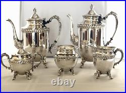 Vintage Sheridan Silver Plate Tea & Coffee Service 5 pc Set, Silver On Copper