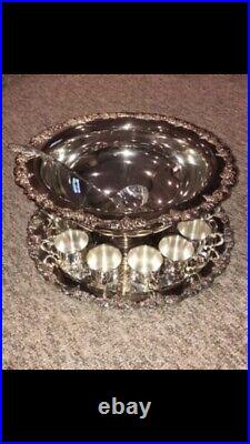 Vintage Sheridan Silver plate punch bowl set tray ladle 12 cups grape & vine