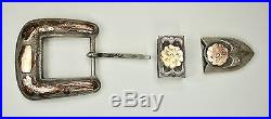Vintage Signed Mexico 925 Sterling Silver Rose Gold Plate Belt Buckle 3 pc Set