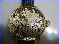 Vintage Silver Gold Plated Omega Masonic Full Skeleton Engraved Wristwatch