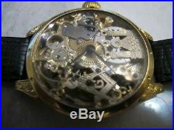 Vintage Silver Gold Plated Omega Masonic Full Skeleton Engraved Wristwatch