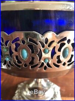Vintage Silver Metal Serving Tray Pedestal Bowl Turquoise Cobalt Blue Antique