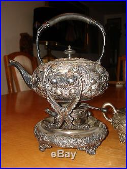 Vintage Silver Plate 3-piece Tilt Tea / Coffee Pot Stand & Warmer Creamer Sugar