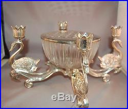 Vintage Silver Plate Figural Swans 4 Candle Holder withGlass Flower Frog in Center