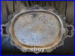 Vintage Silver Plate Large Platter Butler Serving Tray Legs Handles Heavy 27 in