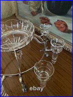Vintage Silver Plate Paw Foot Epergne 8 Vessels with Cut Glass Center Bowl