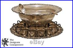 Vintage Silver Plate Punch Bowl Set Tray Platter 12 Cups Sheridan Ladle Grapes