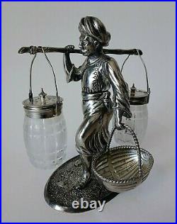 Vintage Silver Plate and Glass Salt & Pepper Condiment Caddy Nomad Figure 5pc