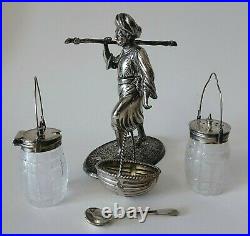 Vintage Silver Plate and Glass Salt & Pepper Condiment Caddy Nomad Figure 5pc