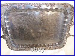Vintage Silver Plate on Copper Serving Tray WithHandles Grape Border Design Nice