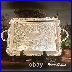 Vintage Silver Plated Butlers Tray Etched with Handles Unbranded Beautiful