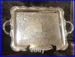 Vintage Silver Plated Butlers Tray Etched with Handles Unbranded Beautiful