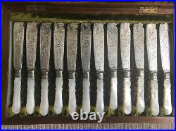 Vintage Silver Plated Engraved Fish Knives & Forks With Mother Of Pearl Handles