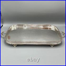 Vintage Silver Plated Footed Gallery Serving Tray with Handles Feet Cocktail Tea