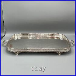 Vintage Silver Plated Footed Gallery Serving Tray with Handles Feet Cocktail Tea