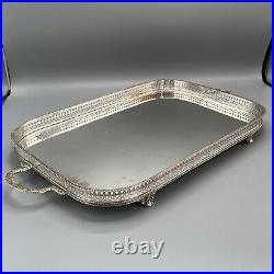 Vintage Silver Plated Footed Gallery Serving Tray with Handles Feet Cocktail Tea