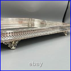 Vintage Silver Plated Footed Gallery Serving Tray with Handles Feet Cocktail Tea