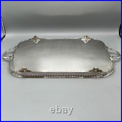 Vintage Silver Plated Footed Gallery Serving Tray with Handles Feet Cocktail Tea