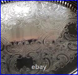 Vintage Silver Plated Footed Large Gallery Tray Fancy Acanthus Serving Cocktail