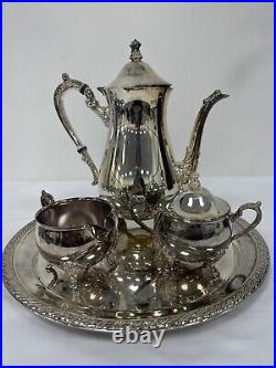 Vintage Silver Plated Footed Tea Set With Tray Teapot Creamer Sugar With Lid