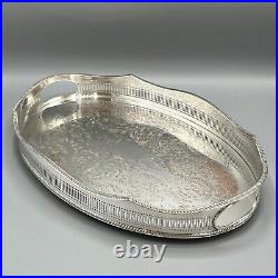 Vintage Silver Plated Gallery Serving Tray Handles English Cocktail Drinks Tea