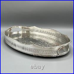 Vintage Silver Plated Gallery Serving Tray Handles English Cocktail Drinks Tea